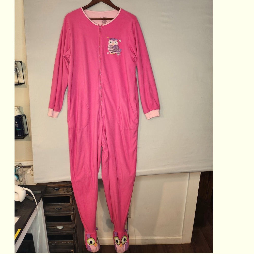 Nick‎ & Nora Pink Fleece Owl One Piece Footie Pajamas Large
